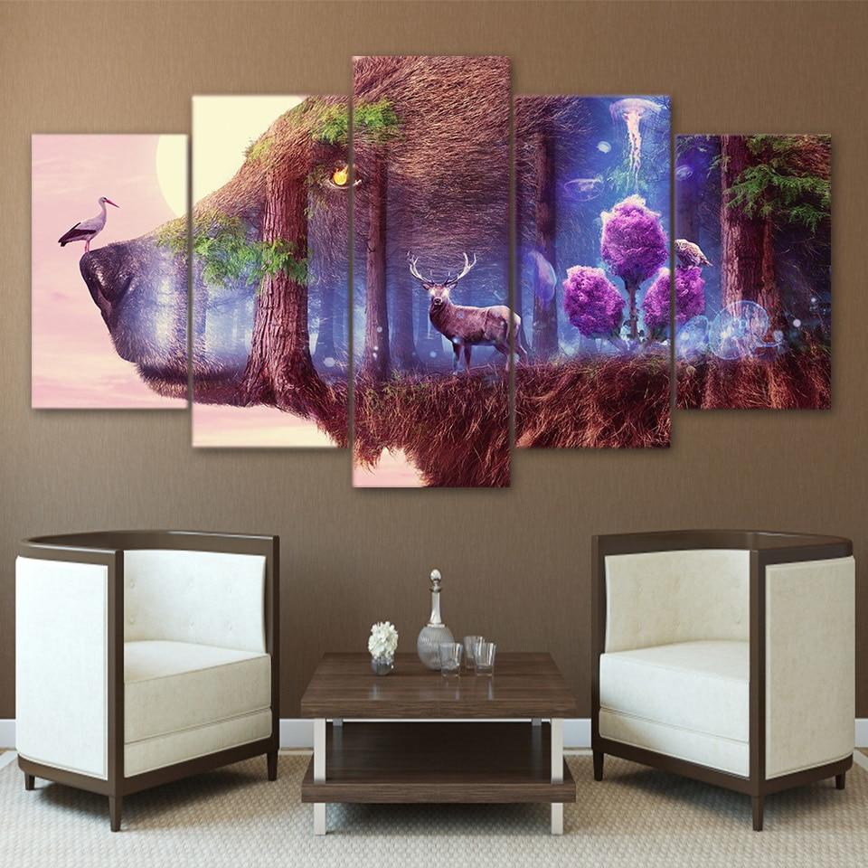 Psychedelic Angry Bear Animal Head Painting 5 Panel Canvas Print Wall Art Poster